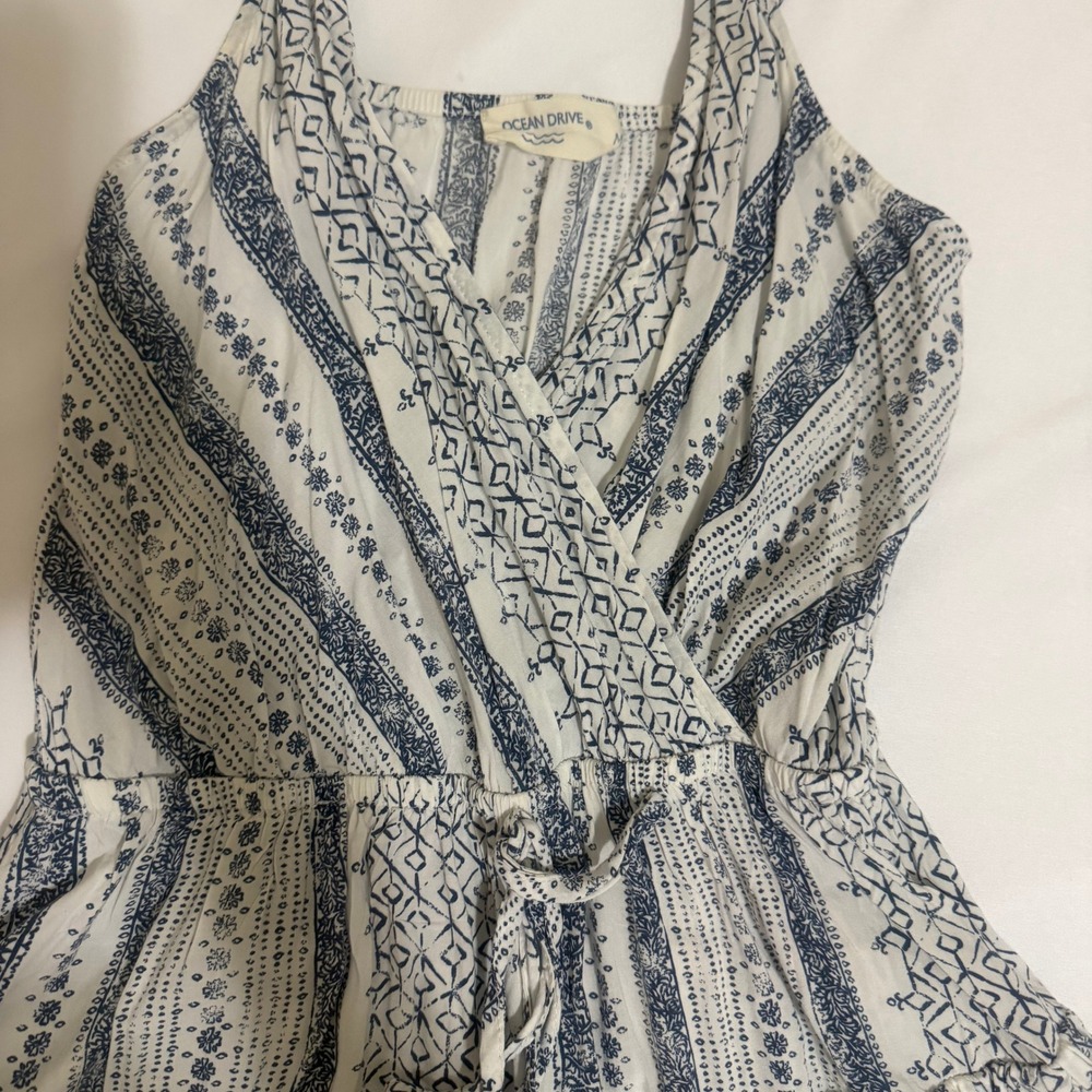 Ocean Drive‎ Blue White Boho Tiered Ruffle Mini Dress JM7147 Womens Medium